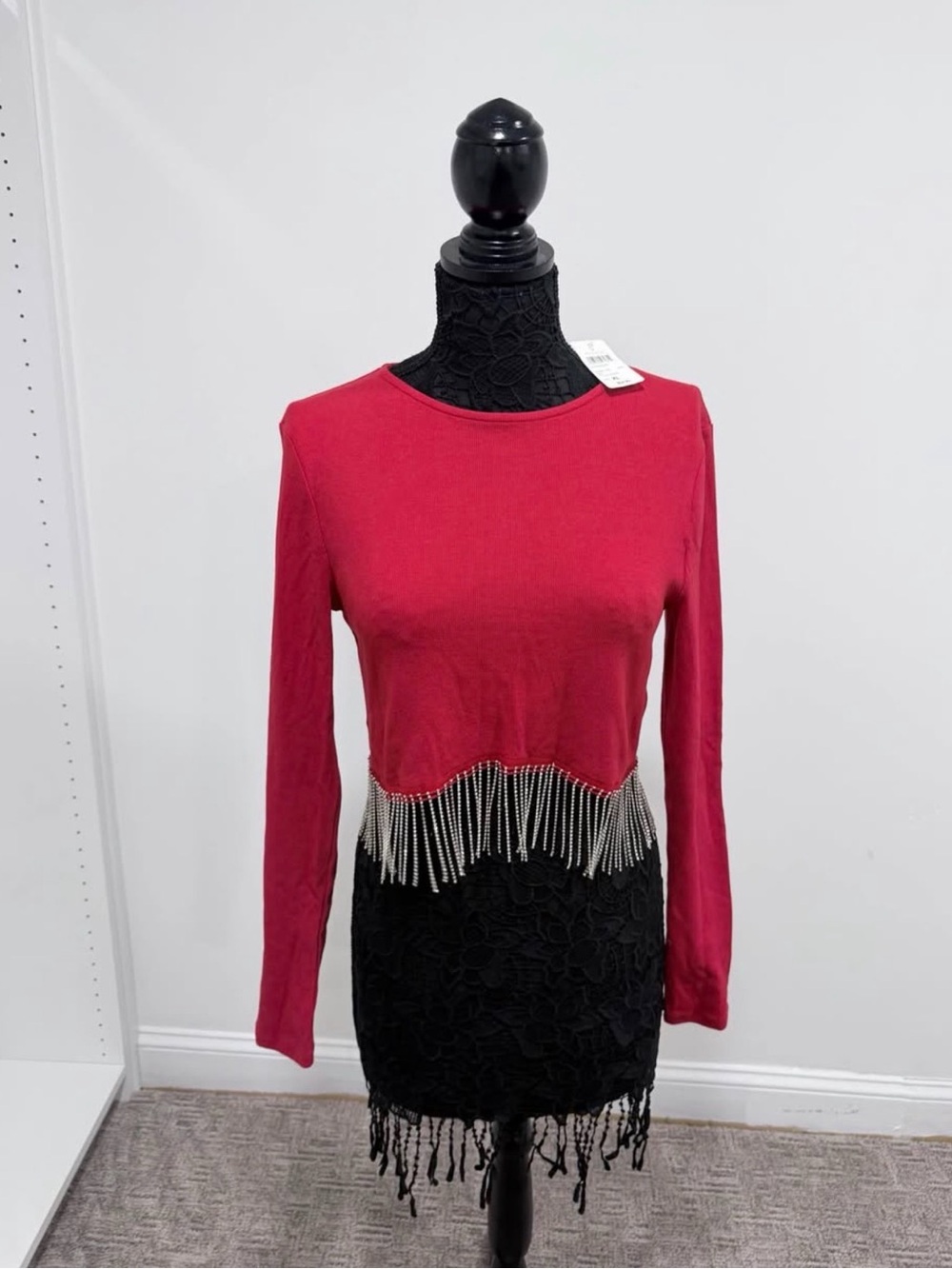 Windsor Red Long-Sleeve Crop Top with Silver Fringe